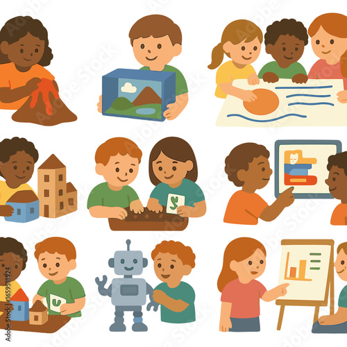 Educational Mini Illustrations. Flat vector mini-illustrations project-based learning in colors children's