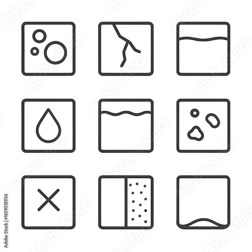 Resin Quality Icon Set. Outline icon set of resin defects and quality control: bubbles, cracks, yellowing, incomplete curing,
