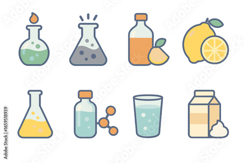 Colorful Acid Icons. Flat vector mini-illustrations acid types in colors children's illustrations: hydrochloric acid, sulfuric