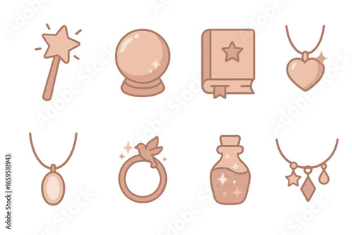 Rose Gold Magical Icons. Flat vector mini-illustrations rose gold magical objects in colors children's illustrations: enchanted