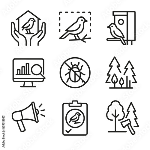 Roost Conservation Icons. Outline icon set of roost conservation: habitat protection, bird sanctuary, nest box installation,