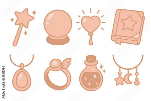 Rose Gold Magical Icons. Flat vector mini-illustrations rose gold magical objects in colors children's illustrations: enchanted