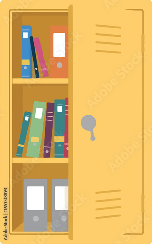 A yellow locker with an open door, revealing books and folders inside, organized neatly.