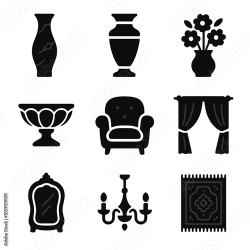 Elegant Vase Icon Set. Solid, filled icons set of elegant floor vase collections: marble vase, gold accents,