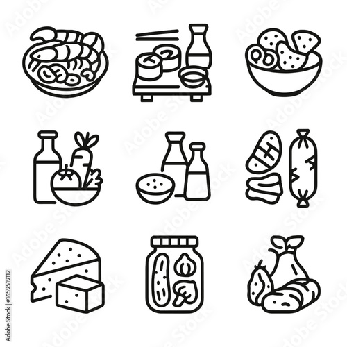 Salty Food Icons. Outline icon set of salty food culture: seafood platter, sushi with soy sauce, salted snacks, traditional salted