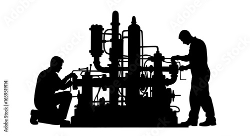 Two technicians meticulously maintain a complex industrial machine, showcasing their expertise and dedication.