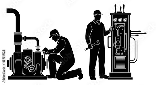 Two workers repairing machinery, one kneeling and adjusting parts, the other standing with a wrench near a control panel.