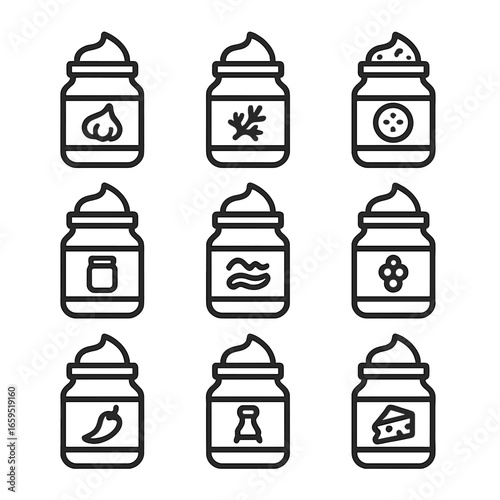 Sauce Icon Grid. Outline icon set of mayonnaise alternative sauces: aioli, ranch dressing, tartar sauce, yogurt sauce,