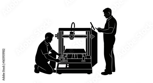 Two technicians work together on a 3D printer, one adjusting settings, the other reviewing data.
