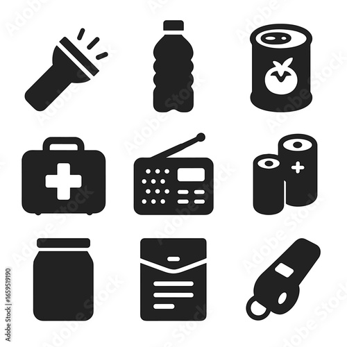 Emergency Flood Kit Icons. Solid, filled icons set of emergency flood kits: flashlight, bottled water, canned