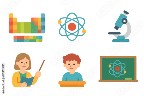 Science Learning Icons. Flat vector mini-illustrations valence electrons educational tools in colors children's illustrations: