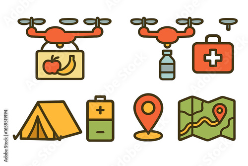 Emergency Drone Supplies. Flat vector mini-illustrations emergency relief drone deliveries in colors