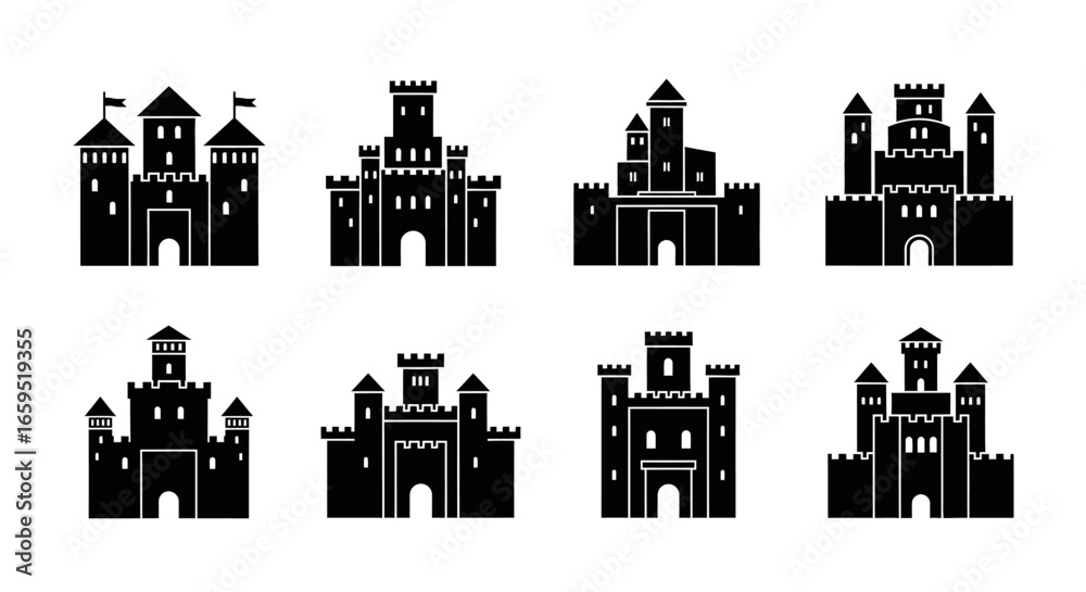 Obraz premium Collection of eight different black castle silhouettes, each with towers and gates, arranged in two rows on a white background.