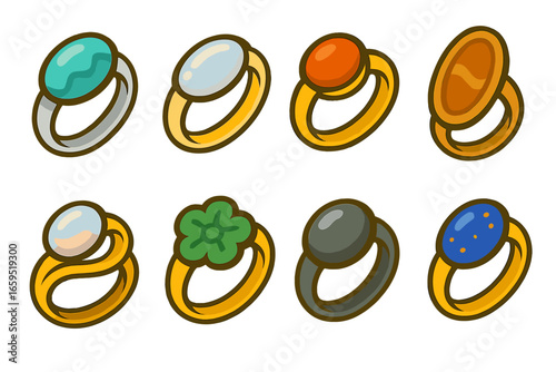 Colorful Gemstone Rings. Flat vector mini-illustrations semi-precious rings in colors children's illustrations: turquoise silver