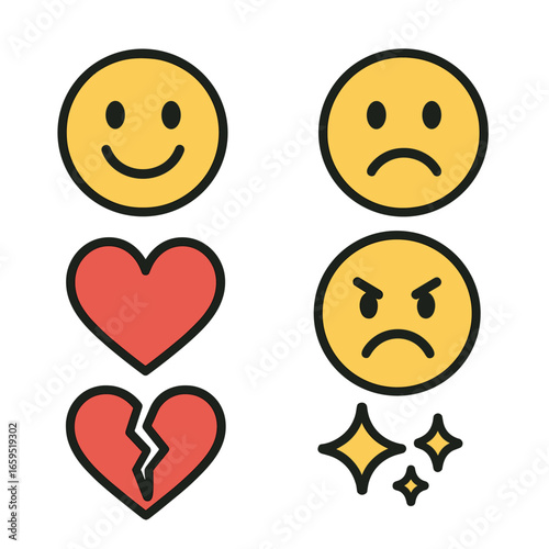 Emotion Icons Grid. Flat vector mini-illustrations Emotional symbols in colors children's illustrations: happy