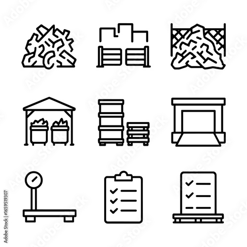Scrap Metal Icons. Outline icon set of scrap metal storage: scrap pile, storage yard, fenced area, covered shed, bins, pallets,