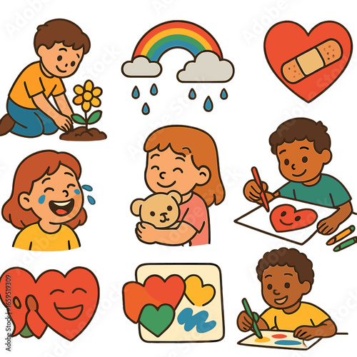Emotional Healing Icons. Flat vector mini-illustrations emotional healing in colors children's illustrations: