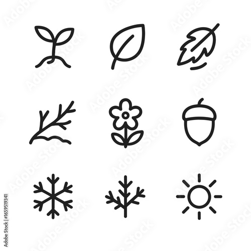 Seasonal Nature Icons. Outline icon set of seasonal nature changes: sprouting seed, green leaf, falling leaf, bare branch,