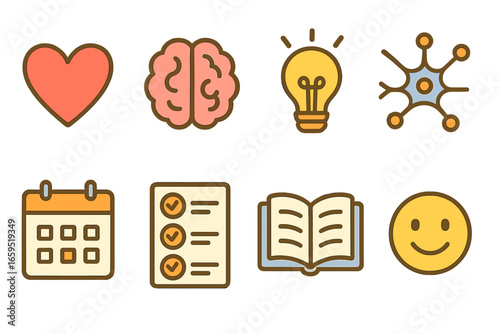 Emotional Recovery Icons. Flat vector mini-illustrations Emotional regulation in recovery in colors children's