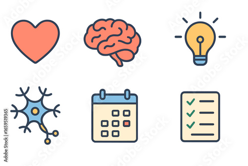 Emotional Recovery Icons. Flat vector mini-illustrations Emotional regulation in recovery in colors children's
