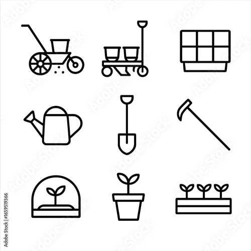 Seed Planting Icons. Outline icon set of seed planting tools: seed drill, planter, seed tray, watering can, spade, hoe, greenhouse