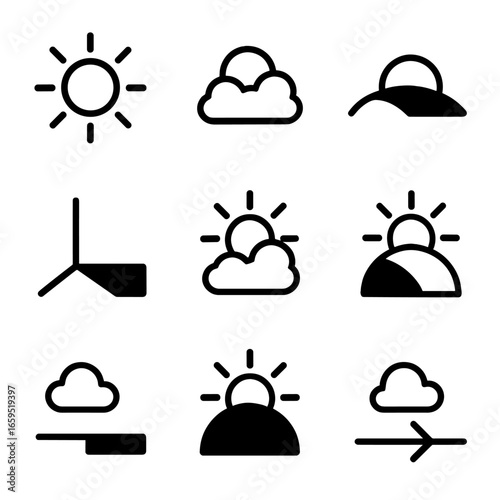 Shade Zone Icons. Outline icon set of shade zones: sunlit zone, partial shade, full shade, shadow edge, cool shade, warm shade,