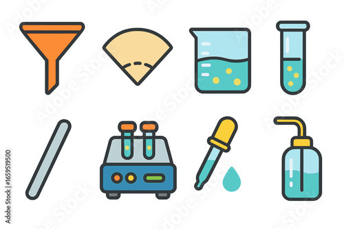 Colorful Lab Tools. Flat vector mini-illustrations lab tools for precipitates in colors children's illustrations: filter funnel,