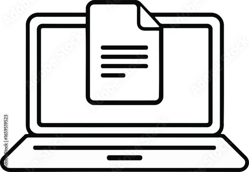 Simple black and white line art illustration of a laptop computer displaying a document icon.