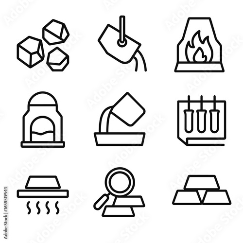 Smelting Process Icons. Outline icon set of smelting workflow: raw materials, loading, melting, refining, tapping, casting,