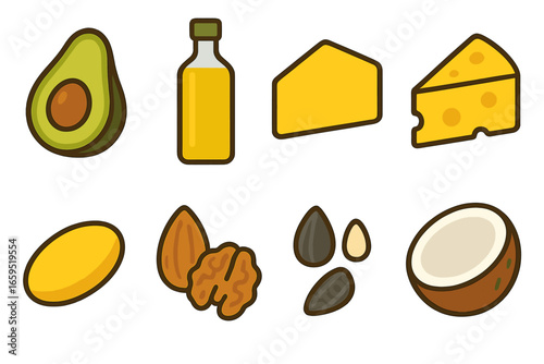 Colorful Lipid Icons. Flat vector mini-illustrations lipid food sources in colors children's illustrations: avocado, olive oil