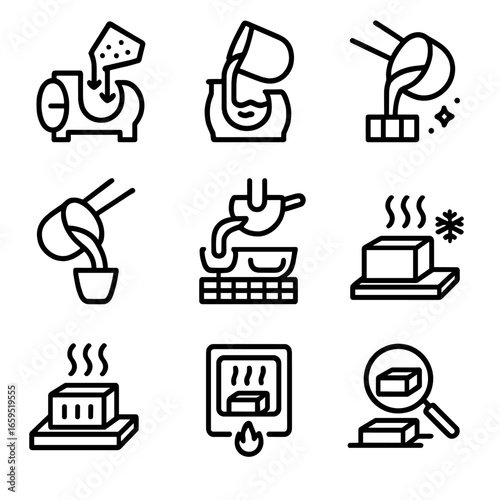 Smelting Process Icons. Outline icon set of smelting stages: charging, melting, refining, tapping, casting, cooling, solidifying,