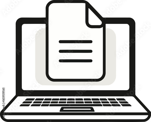 Black and white graphic illustration of a laptop displaying a document with lines of text.