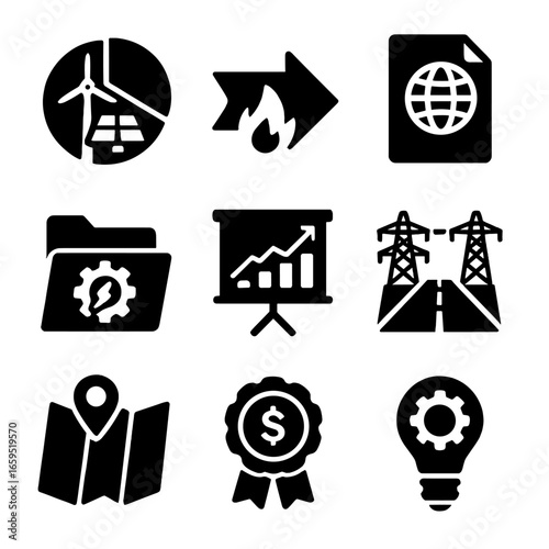 Energy Transition Icons. Solid, filled icons set of energy transition strategy: renewable mix chart, fossil