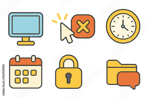 End-of-Shift Icons. Flat vector mini-illustrations end-of-shift computer actions in colors children's