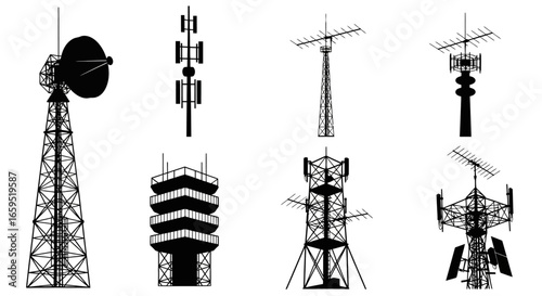 Silhouette illustration of various communication towers, showcasing diverse antenna designs.