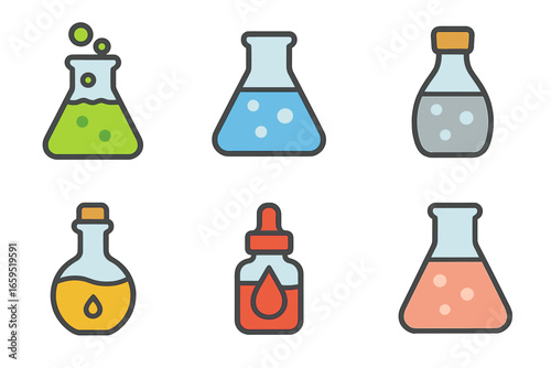 Colorful Liquid Types Icons. Flat vector mini-illustrations liquid types in colors children's illustrations: acid solution, base