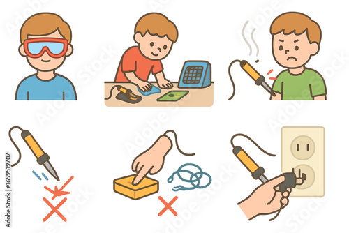 Soldering Safety Tips. Flat vector mini-illustrations soldering do's and don'ts in colors children's illustrations: wear goggles,