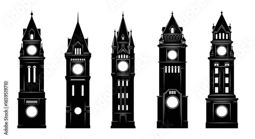 Silhouette illustration of five historical clock towers, showcasing architectural details and timekeeping elements.