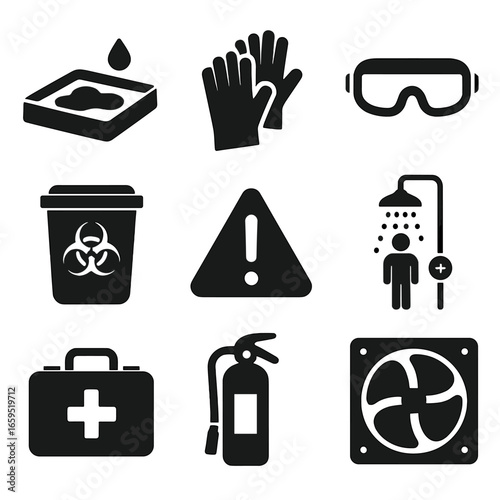 Environmental Safety Icons. Solid, filled icons set of environmental safety in grease traps: spill containment