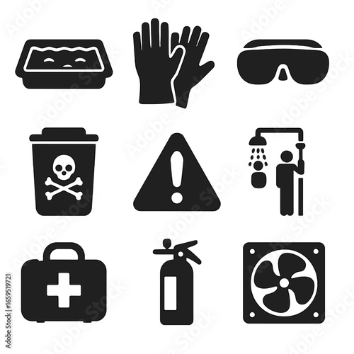 Environmental Safety Icons. Solid, filled icons set of environmental safety in grease traps: spill containment