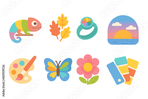 Colorful Nature Icons. Flat vector mini-illustrations color change in colors children's illustrations: chameleon changing color,