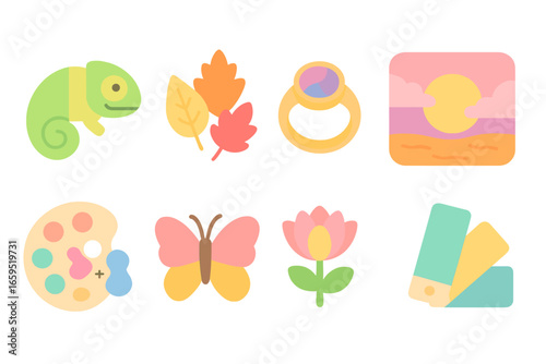 Colorful Nature Icons. Flat vector mini-illustrations color change in colors children's illustrations: chameleon changing color,