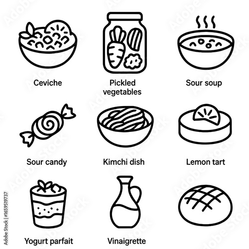 Sour Delights Icons. Outline icon set of sour snacks and dishes: ceviche, pickled vegetables, sour soup, sour candy, kimchi dish,