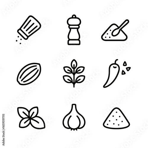 Spice Icon Grid. Outline icon set of savory seasoning and spices: salt, pepper, paprika, cumin, coriander, chili flakes, oregano,