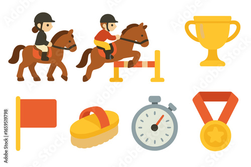 Equestrian Events Icons. Flat vector mini-illustrations Equestrian competition events in colors children's