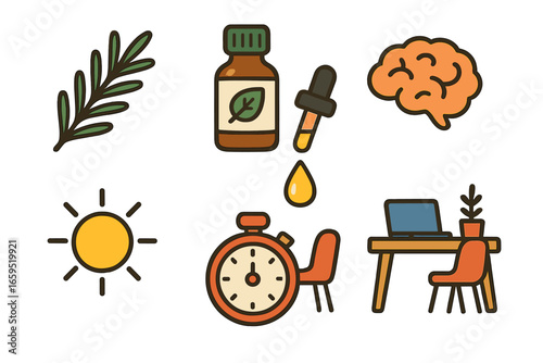 Essential Oils Grid. Flat vector mini-illustrations essential oils for focus and clarity in colors children's