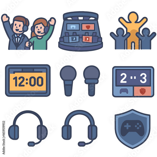 Esports Icons Showcase. Flat vector mini-illustrations esports announcers in colors children's illustrations: