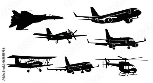 Collection of various aircraft silhouettes including a fighter jet, propeller plane, biplane, helicopter, and commercial airplanes.