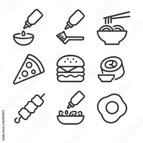 Sriracha Uses Icon Set. Outline icon set of sriracha culinary uses: dipping sauce, marinade brush, noodle bowl, pizza slice,