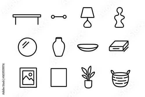 Essentials Icon Set. Outline icon set of console table essentials: console surface, drawer handle, table lamp,